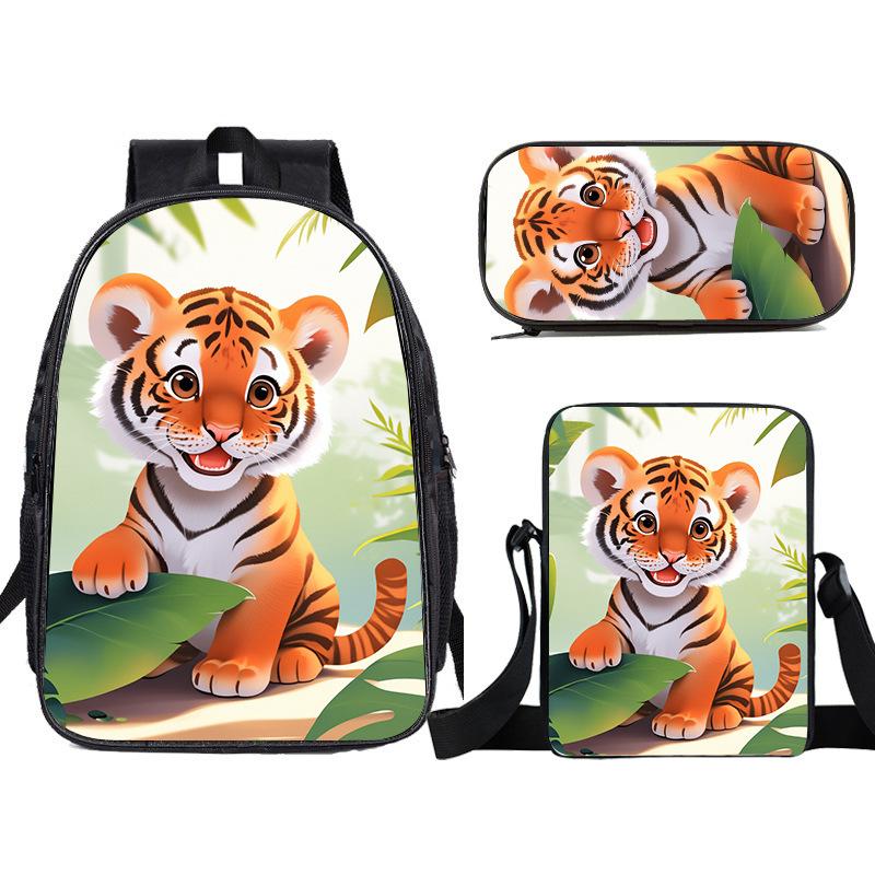 Zaino a forma di tigre dei cartoni animati, grande capacità, zaino per scuola elementare, set da tre pezzi, zaino per bambini, borsa a tracolla, astuccio
