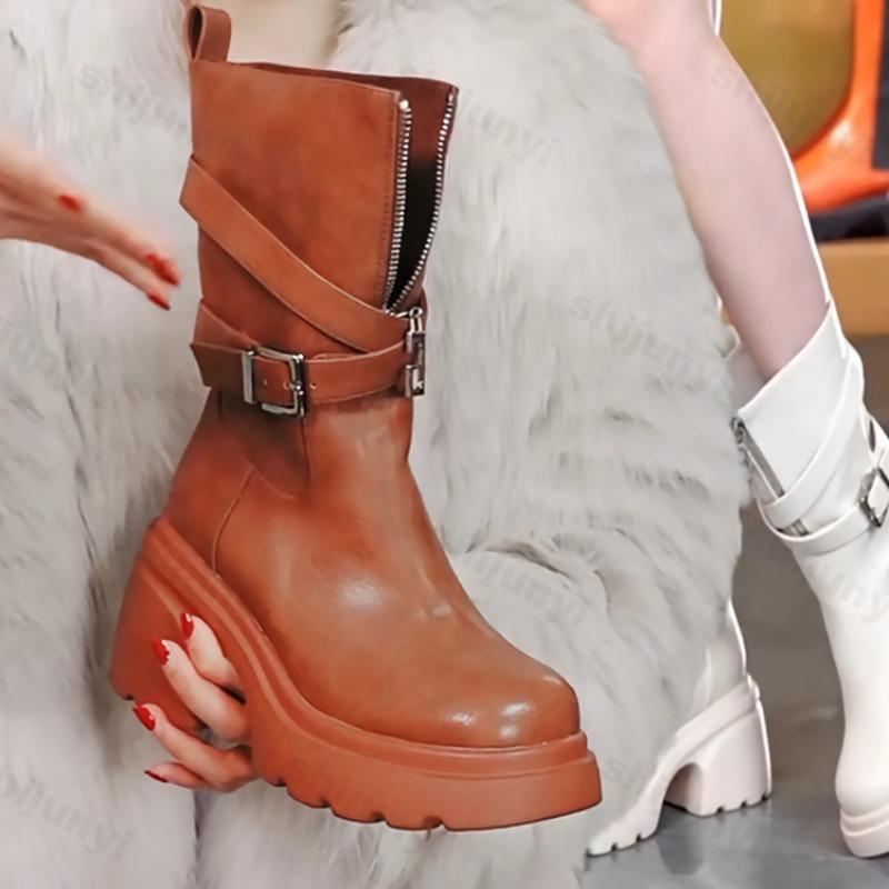 Fashion Woman Retro Chelsea Short Boots British Style 2025 Autumn Ankle Boots Platform Zipper Outdoor Anti Slip Women's Mid-calf Boots