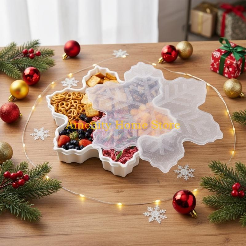 F26C Christmas Serving Tray & Festive Christmas Biscuit Storage with Lid Holiday Snowflake Tree Character Container for Snacks