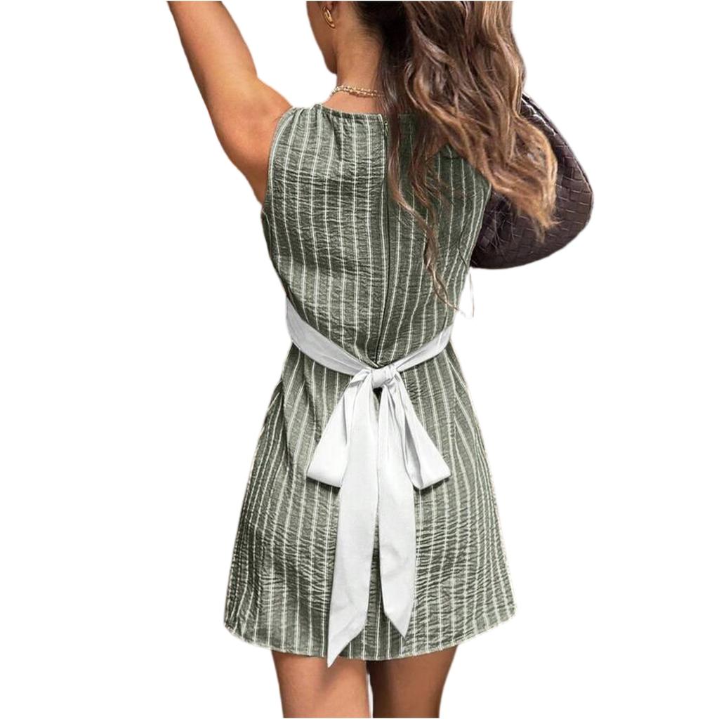 Sleeveless Vertical Stripe Dress Casual Round Neck Mini Dress for Women Lightweight Comfortable Fit