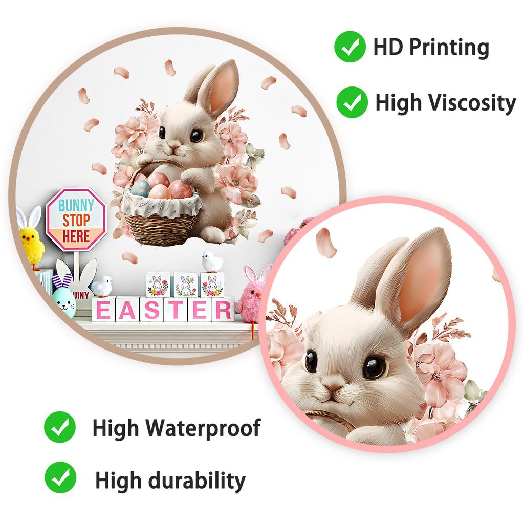 Easter Bunny with Eggs and Flower Basket Wall Sticker Self-Adhesive Removable for Bedroom Living Room Study Holiday Decor