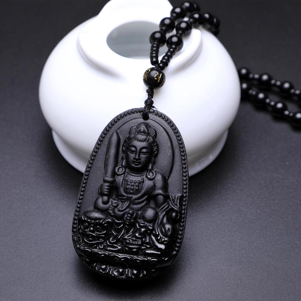 12 Zodiac Guardian Gods Black Obsidian Necklace with Guanyin Pendant