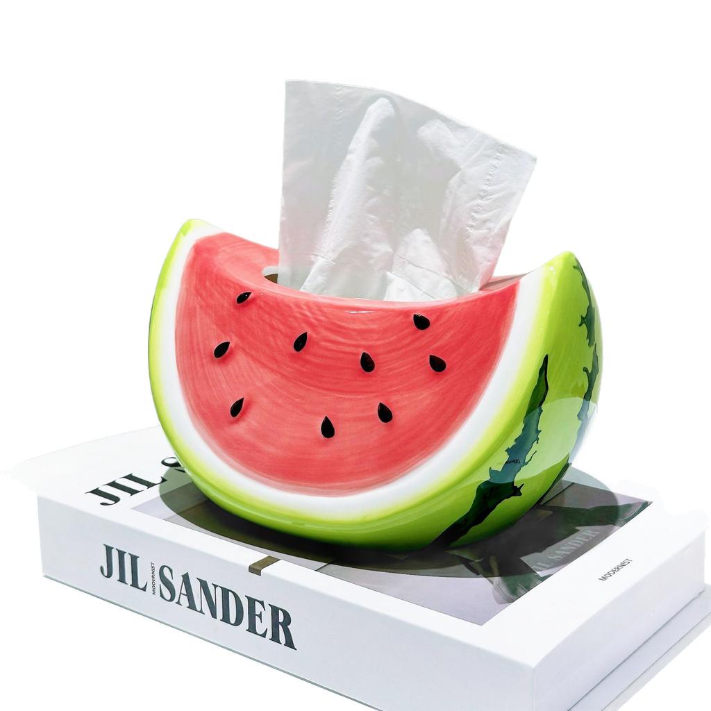 8.66" Watermelon Shaped Ceramic Tissue Box, Waterproof Napkin Holder for Coffee Table Entrance Living Room Decor