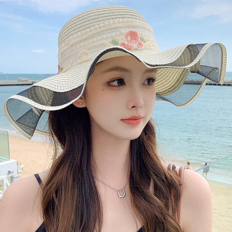Summer Bow Sun Hat Female, Seaside Beach Vacation Sun Hat Outdoor Big Brim Sun Hat Sweet Straw Hat