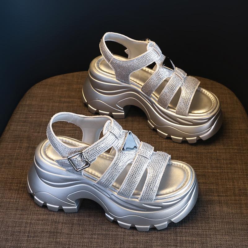 Fashion High quality 8CM Synthetic Microfiber Leather Women Sandals Flats Chunky Sneakers Hollow Bling Vulcanize Platform Wedge Shoes