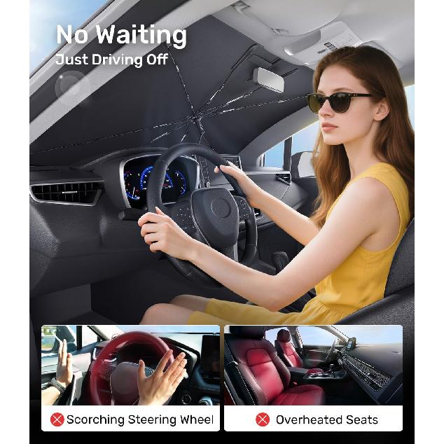 Zanch 2025 Upgraded Car Windshield Sun Shade [Cool Down By 75℉ ] With Heat Ulation Coating, Foldable Sunshade Umbrella With Flexible Handle & Ribs,
