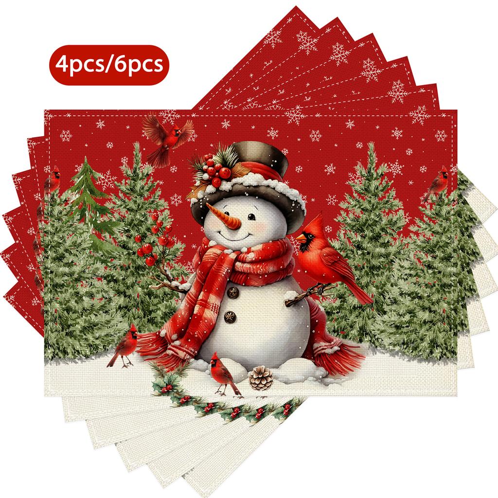 11.81*17.72inch Red Hat Snowman with Red Birds, Pine Trees, Berries, And Red Snowflakes Christmas Placemats, of 4/6, Suitable for Kitchen Table Ho