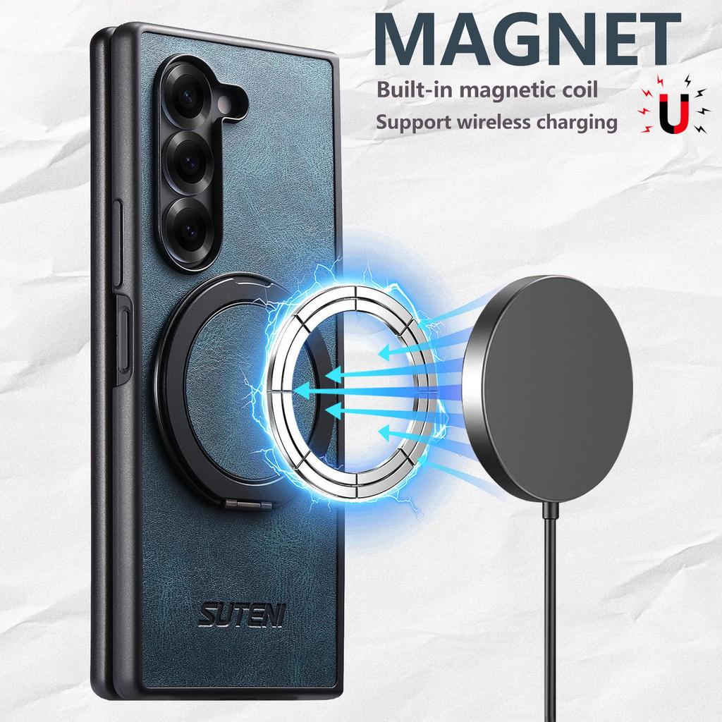Samsung Z Fold7/6/5 Magnetic Wireless Charging Leather Case with 360° Rotating Ring Stand