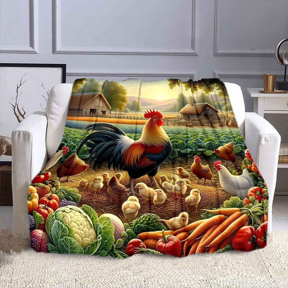 Farm Rooster with Chicks and Vegetables Patterned Flannel Blanket Perfect for the Bedroom Living Room, Sofa, or a Little Nap