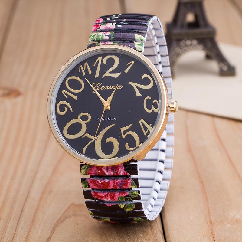 Reloj de Moda para Mujer con Correa Elástica de Color Estampado y Números Grandes