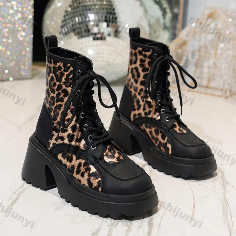 Fashion Women Fashion Leopard Print Ankle Boots Autumn Winter Thick Sole Lace Up Shoes Woman Non Slip Platform Combat Boots Plus Size 42