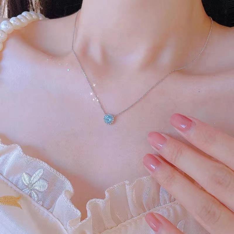 S925 Sterling Silver Crystal Blue Topaz Necklace Female Niche Design Light Luxury All-Match Clavicle Chain