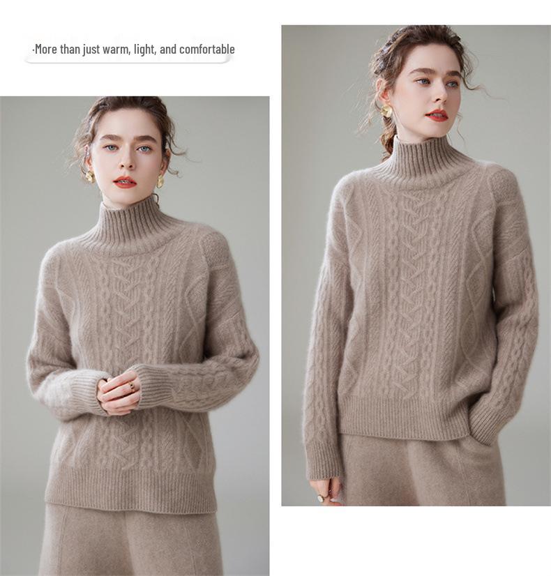 Heavyweight High-Neck Cashmere Sweater: Women's Retro Autumn/Winter Loose Cable Knit Base Layer
