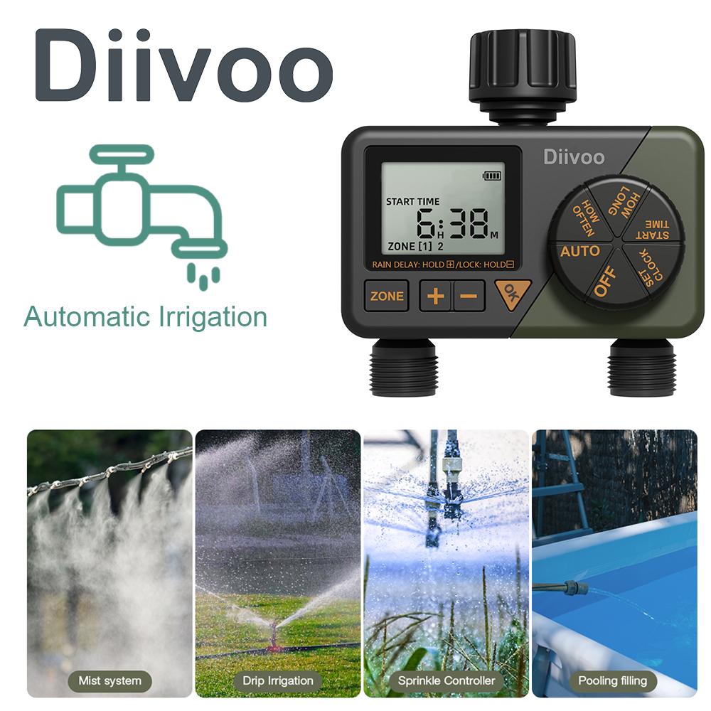 

Diivoo 2 зоны автоматический таймер полива садовый контроллер орошения открытый с ЖК-дисплеем водонепроницаемый программатор для дворового газона