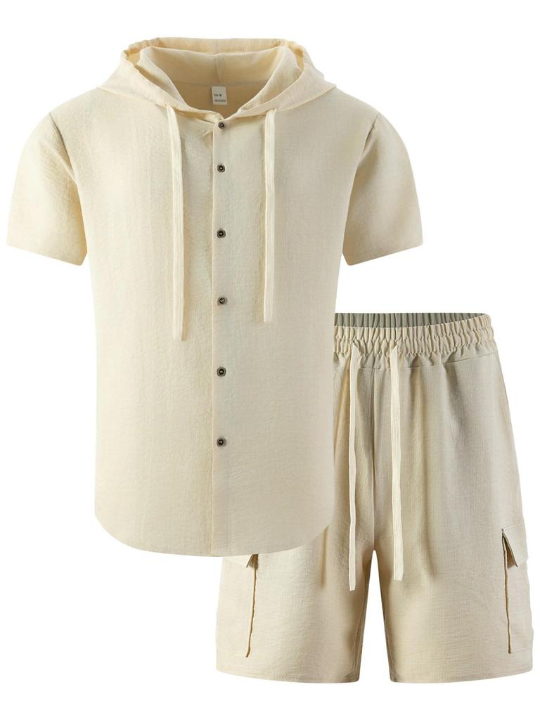 Men's Casual Summer American Style Hooded Short Sleeve Shirt & Shorts Set