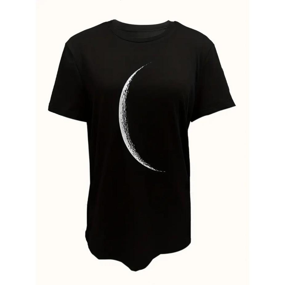 Bending Moon 3D Print Round Neck Short Sleeved T-shirt for Women Tees Breathable Polyester Stretch Comfortable for Everyday