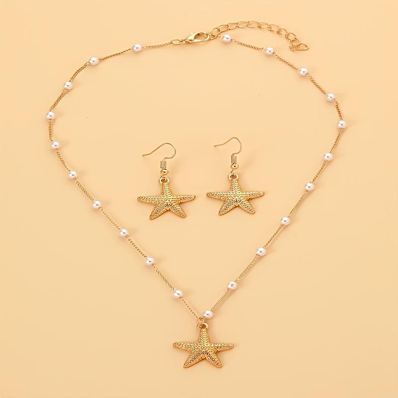 Fashion Starfish Pendant Imitation Pearl Necklace Earrings Set For Women Ocean Style Jewelry