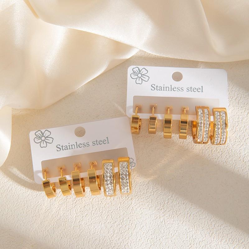 European 18K Gold-Plated Stainless Steel Rhinestone Earring Set – Unisex Non-fading Ear Studs, 3 Pairs