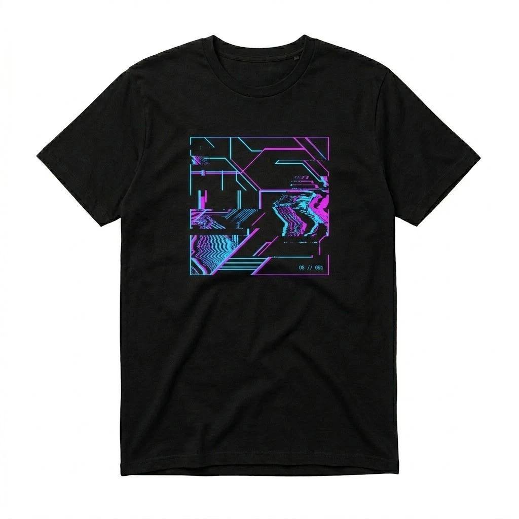 Glitch Art T-Shirt Cyberpunk Vaporwave Graphic Tee Black Cotton Men Women New XS