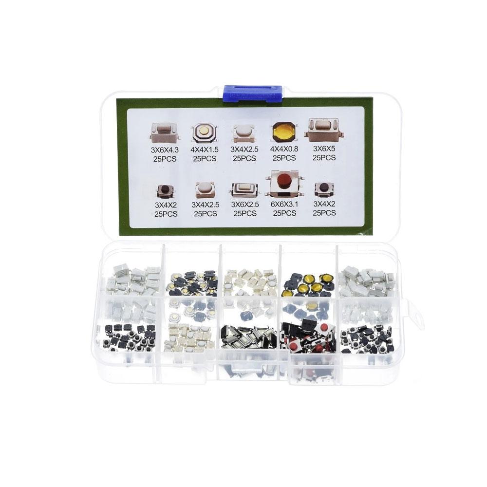 250Pcs 10-Types Tactile Push Button Switch Car Remote Control Keys Tablet Actile Push Button Touch Microswitch Assortment Kit