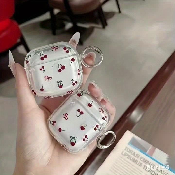 Cute Cherry Bow Pattern Suitable for Airpods 3 2 1 Pro 2 4 Pro3 Transparent Headphone Protective Case with Silver Ring Buckle
