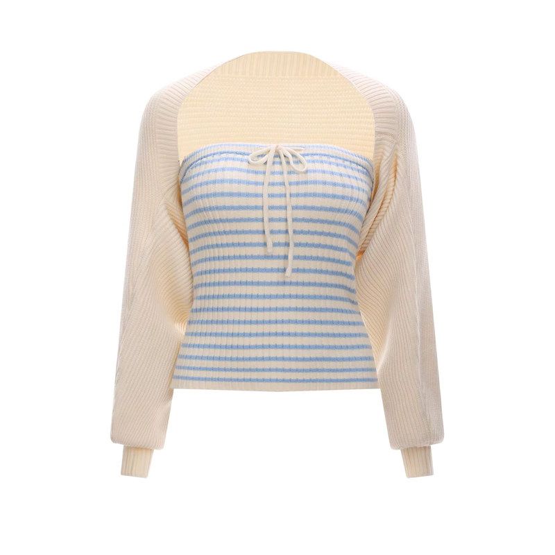2026 Early Spring Korean Style Color-Block Striped Tube Top Knitted Cardigan Two-Piece Set for Women, Beautiful Knitwear Set Light Blue Two-Piece Set S