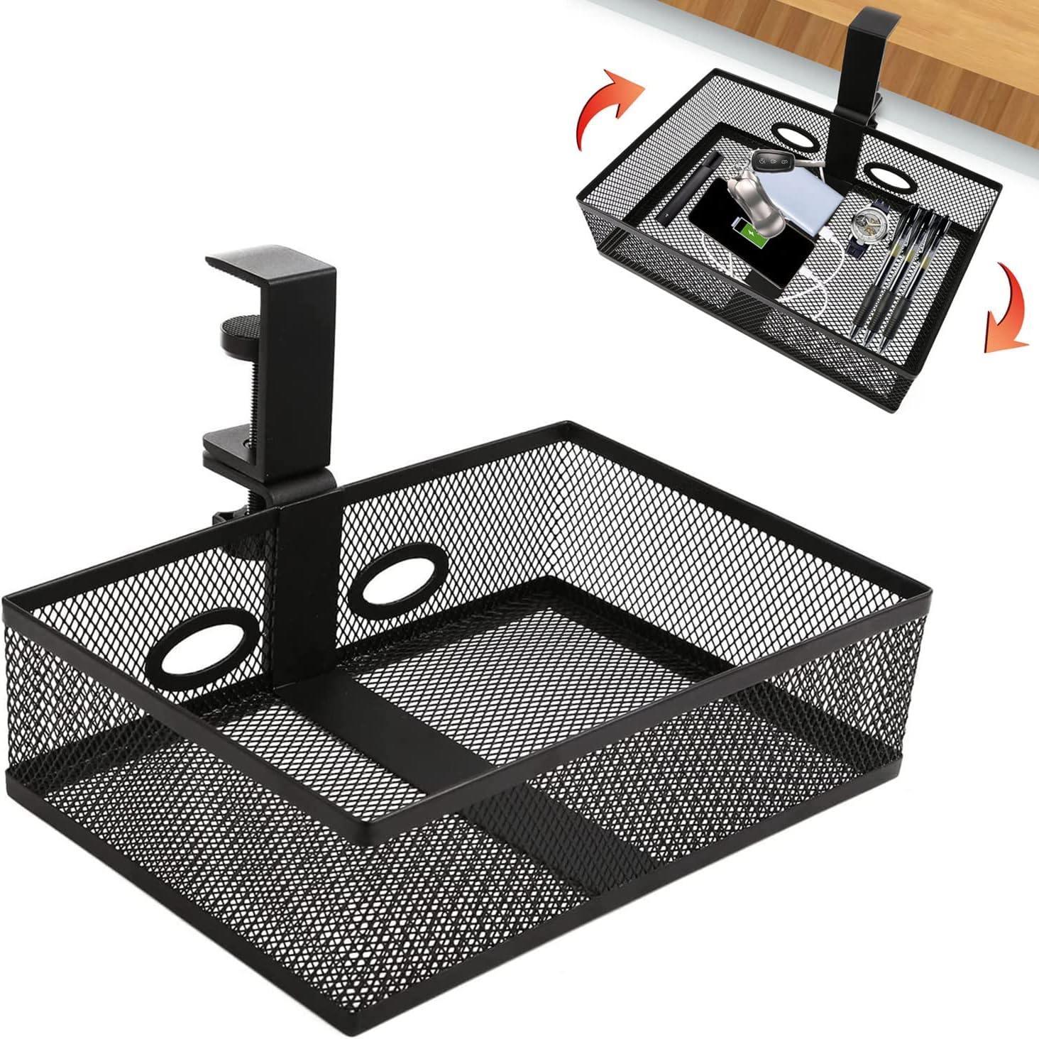 RHBLME Under Desk Drawer Storage, Black 360-Degree Rotating Desk Organizer Clamp-on Swivel Pencil Drawer, Desk Hidden Desk Clamp Shelf for Office