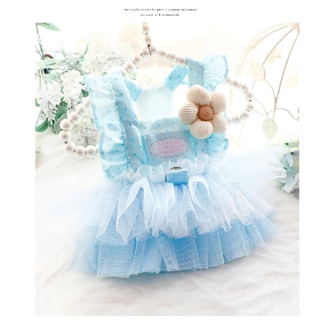 Cute Fashion Spring Summer Thin Dog Clothes Cat Princess Dress Fresh Blue Fluffy Skirt Pet Outfit for Small Dogs Bichon