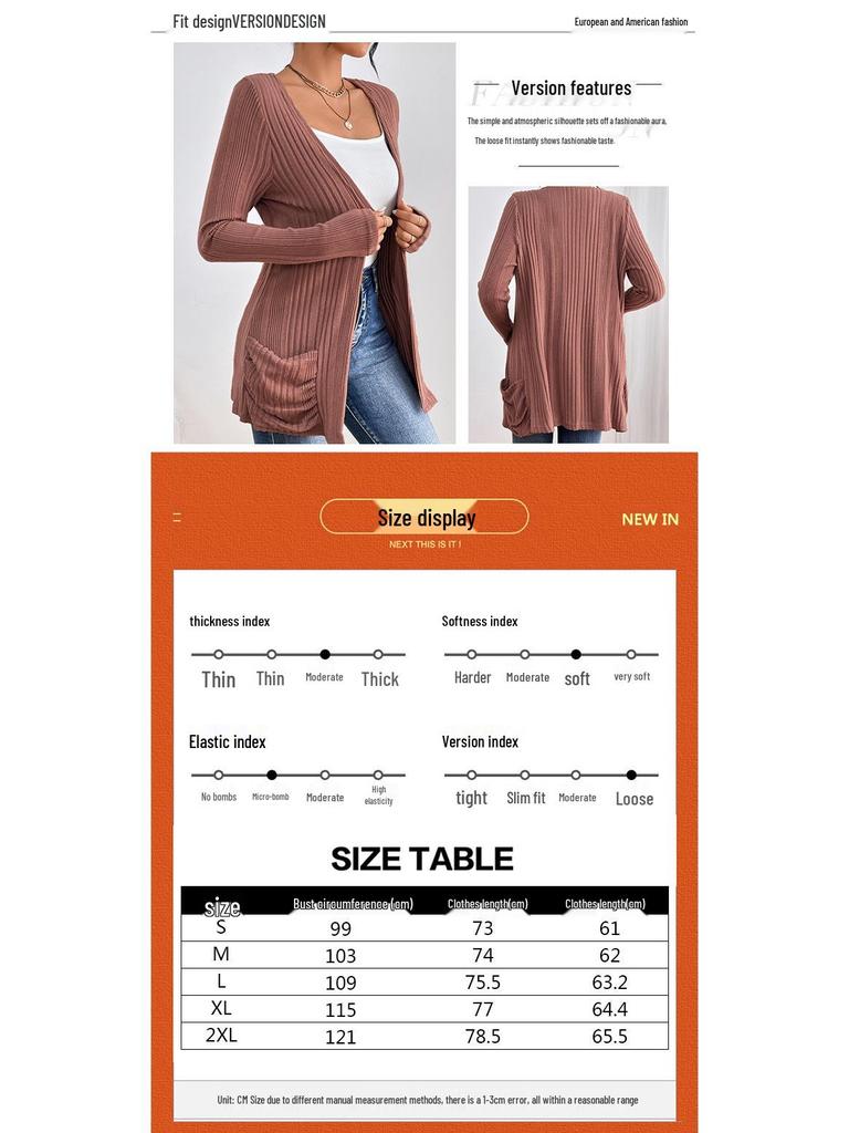 European and American Solid Long-Sleeve Mid-Length Knitted Cardigan with Pockets - Autumn/Winter Sweater