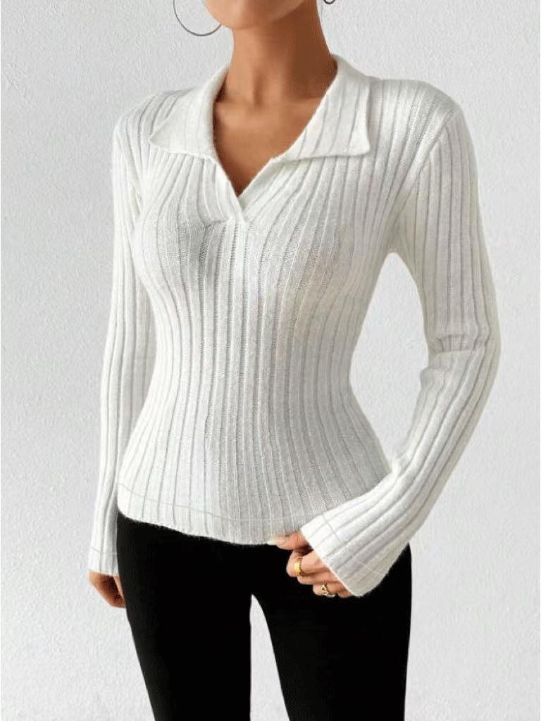 2025 Höst/Vinter Dam Enfärgad Slim Fit V-ringad Långärmad Ribbad T-shirt.