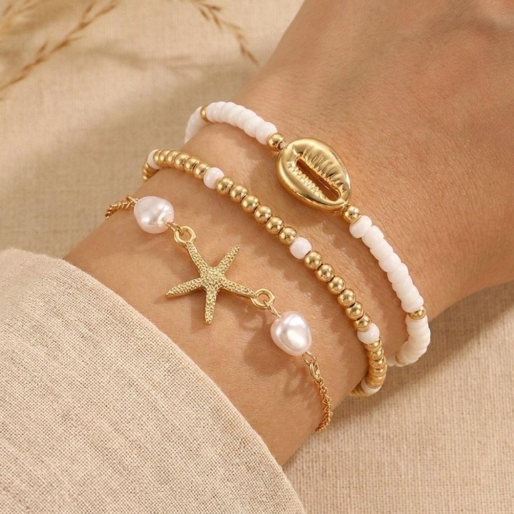 3Pcs Stretch Beaded Bracelet Set Pearl Multiple Layers Bracelet Fashion Shell Bracelet Set Party