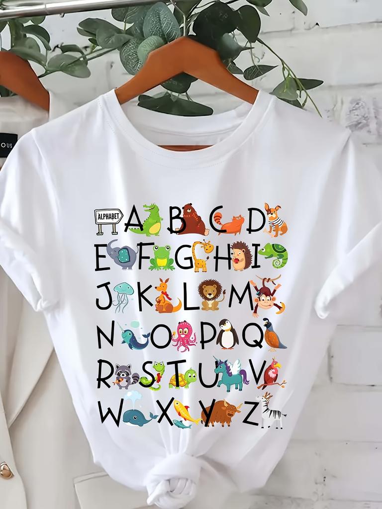 Alphabet Animal Print Back to School Crew Neck T-Shirt for Women T Shirt Streetwear Women's Clothing shirt