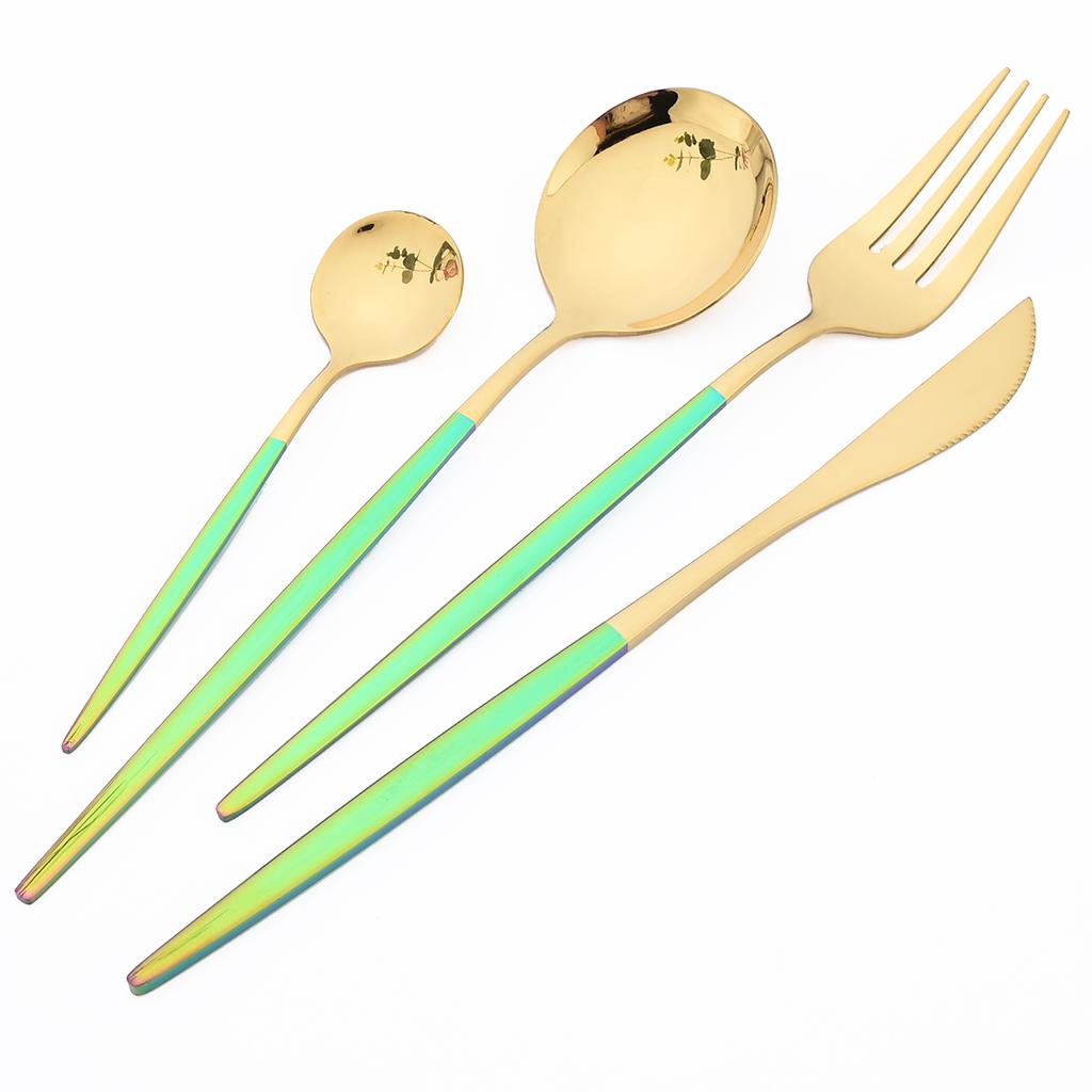 24Pcs Mix Colorful Handle Dinnerware Cutlery Set Knife Fork Coffee Spoon Tableware Set Western Kitchen Flatware Stainless Steel Silverware