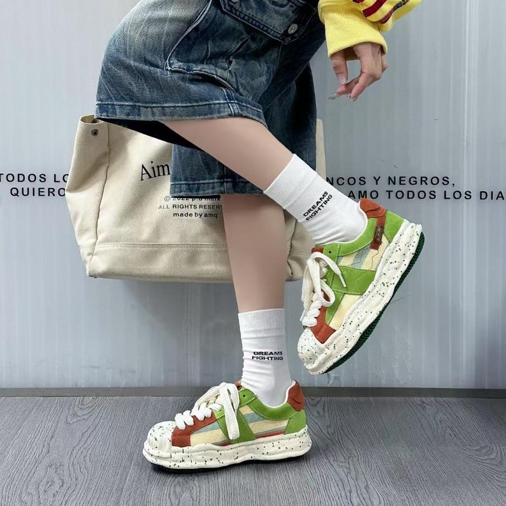 Leather trendy shoes shell head thick sole casual niche splashing ink dissolving board shoes women's spring new models