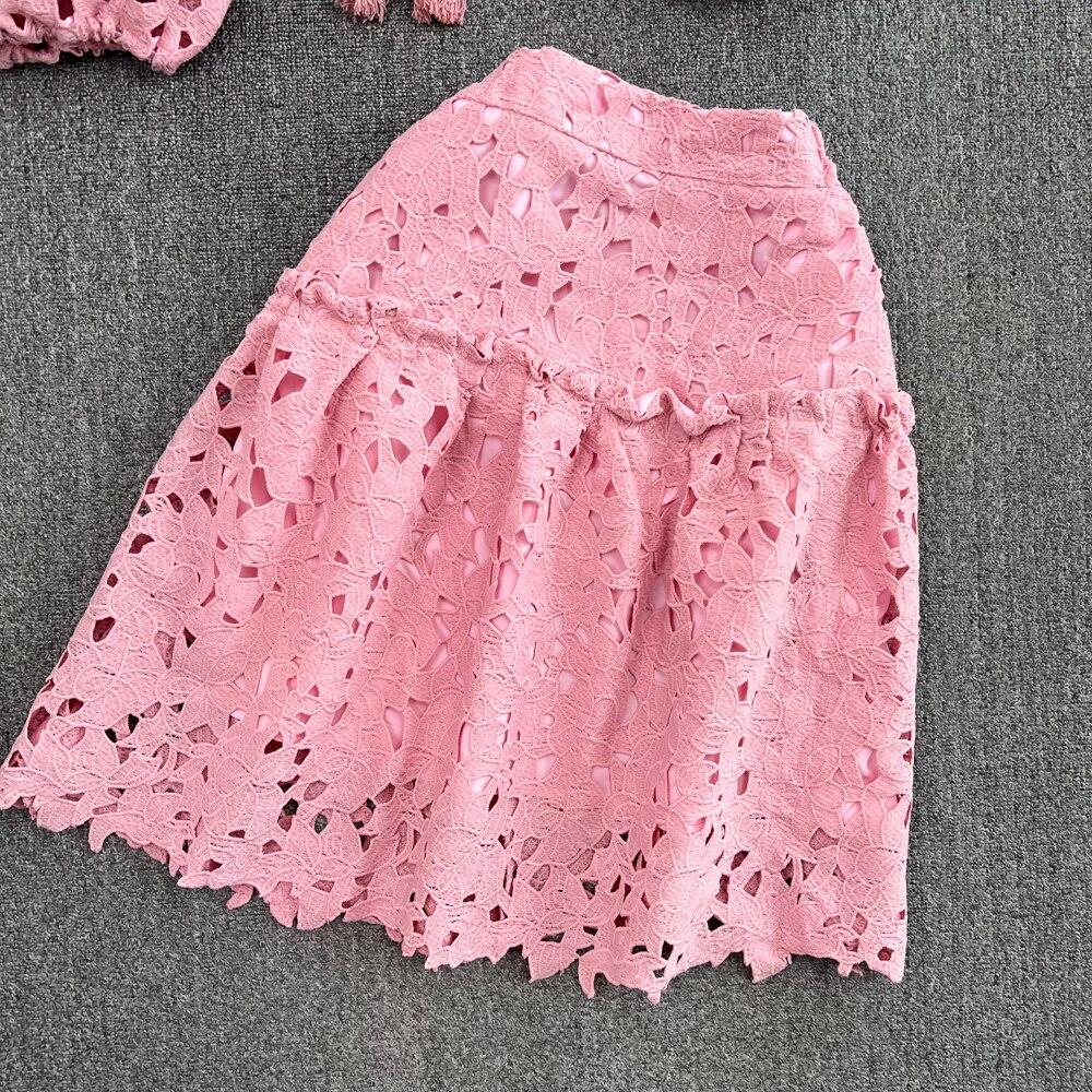 Retro Temperament V-neck Hollow Embroidered Lantern Sleeve Short Shirt Women's Two-piece Hit High Waist Slim A-line Skirt