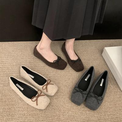 Gentle Evening Wind Shallow Mouth Small Single Shoes Spring Bow Soft Sole Square Head Beanie Shoes Ladyshoes