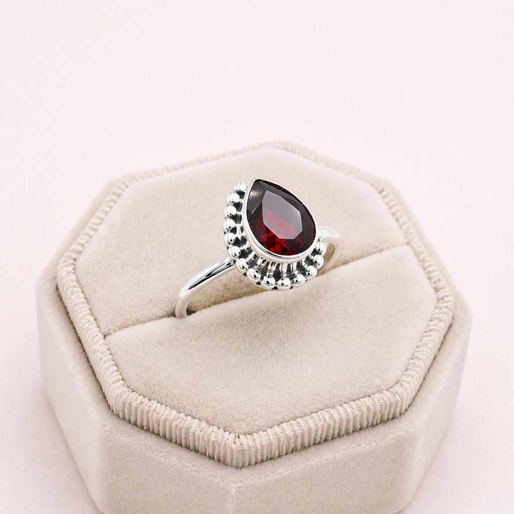 Red Garnet Teardrop Ring 925 Sterling Silver, Pear Gemstone Boho Ring, Handmade Statement Jewelry for Women