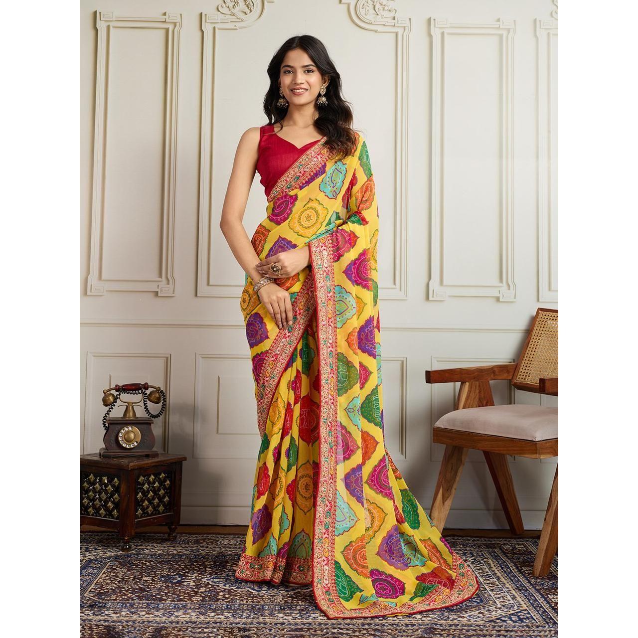 Party Wear Soft Georgette Bandhej Saree – Rajwadi Elegance Embroidery Edition жёлтый