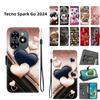 Handmade PU Leather Flip Case for Tecno Spark Go 2024 Anti-Slip Shockproof Cover with Wrist Strap & Heart/Rose Cat Designs