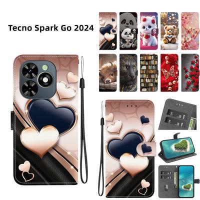 Handgemaakte PU Lederen Flip Case voor Tecno Spark Go 2024 Anti-Slip Schokbestendige Hoes met Polsband & Hart/Roos Kat Ontwerpen