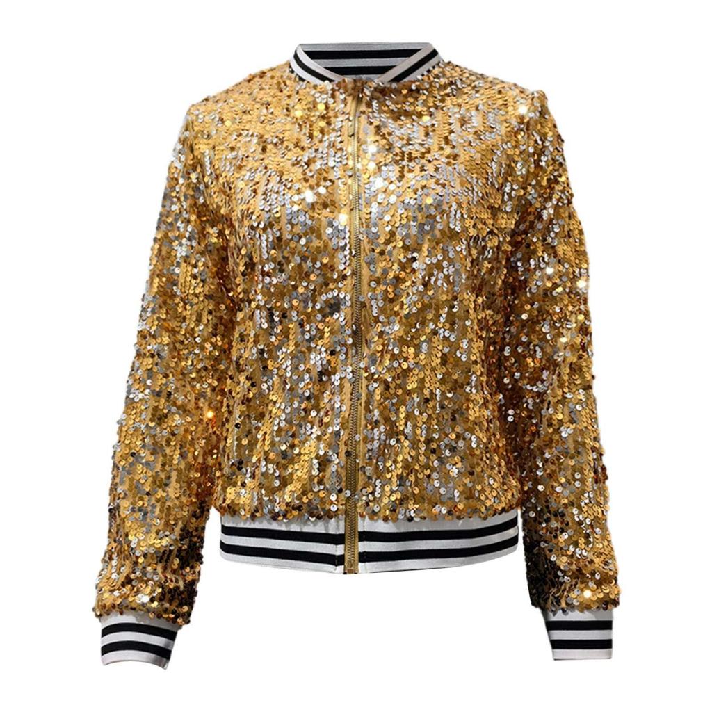 Women's Fashionable Stand Up Collar Long Sleeved Sequined Concert Short Zipper Jacket