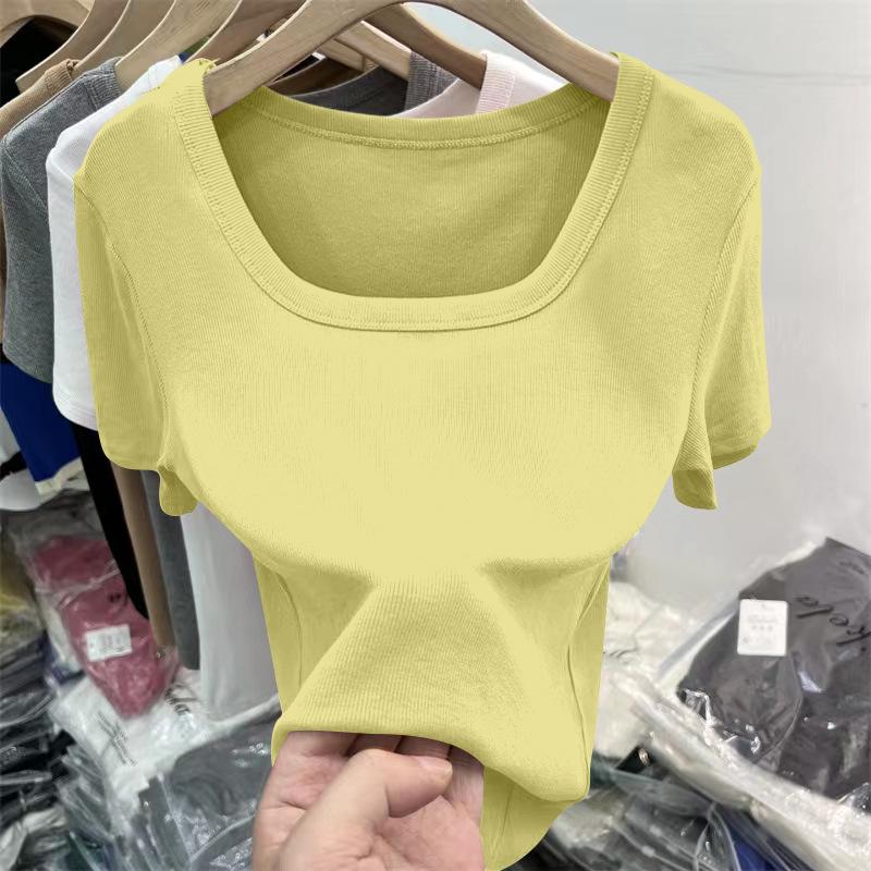 

2026 Trendy Plus Size Women s Soft Ribbed Square Neck Short Sleeve Top L (95-110 lbs) світло-жовтого кольору