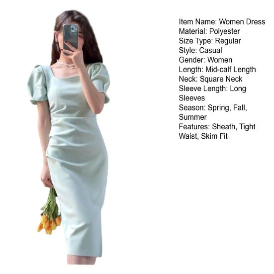 Women Spring Dress Square Neck Long Sleeve Slim Fit Tight Waist Pure Color Split Retro Elegant Lady Midi Dress