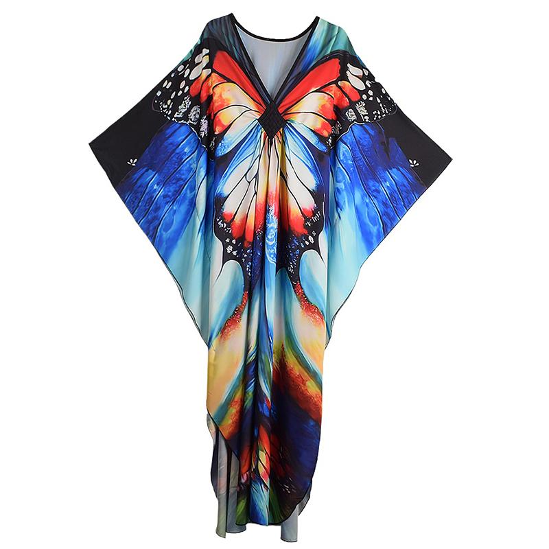 

XITAO Irregular Print V-neck Bat Sleeve Female Dress GJ1208 One Size синий