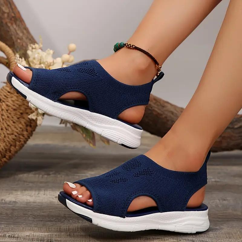Women's Knit Upper Sandals, Breathable Peep Toe Elastic Slip On Shoes, Comfy Outdoor Sporty Sandals