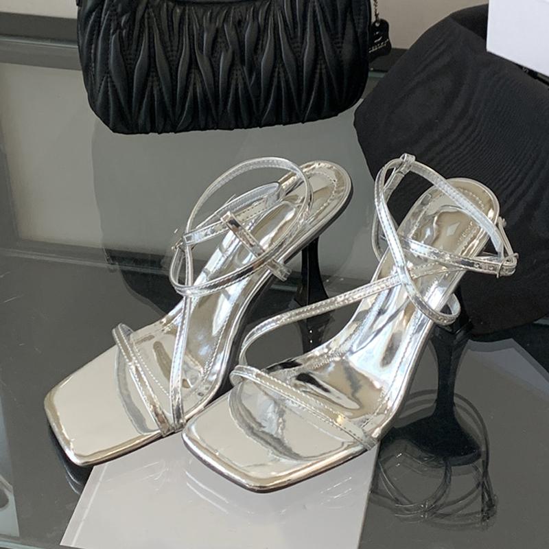 Fashion Liyke Size 35-42 Strange High Heels Gladiator Sandals Women Summer Cozy Leather Square Toe Ankle Strap Ladie Shoes Gold Silver