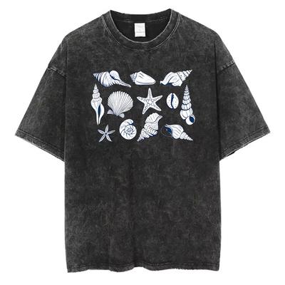 Vintage Washed Cotton TShirt Men Sea Shells Starfish Graphic Tee Coastal Aesthetic Retro Acid Wash Streetwear Loose Fit Top