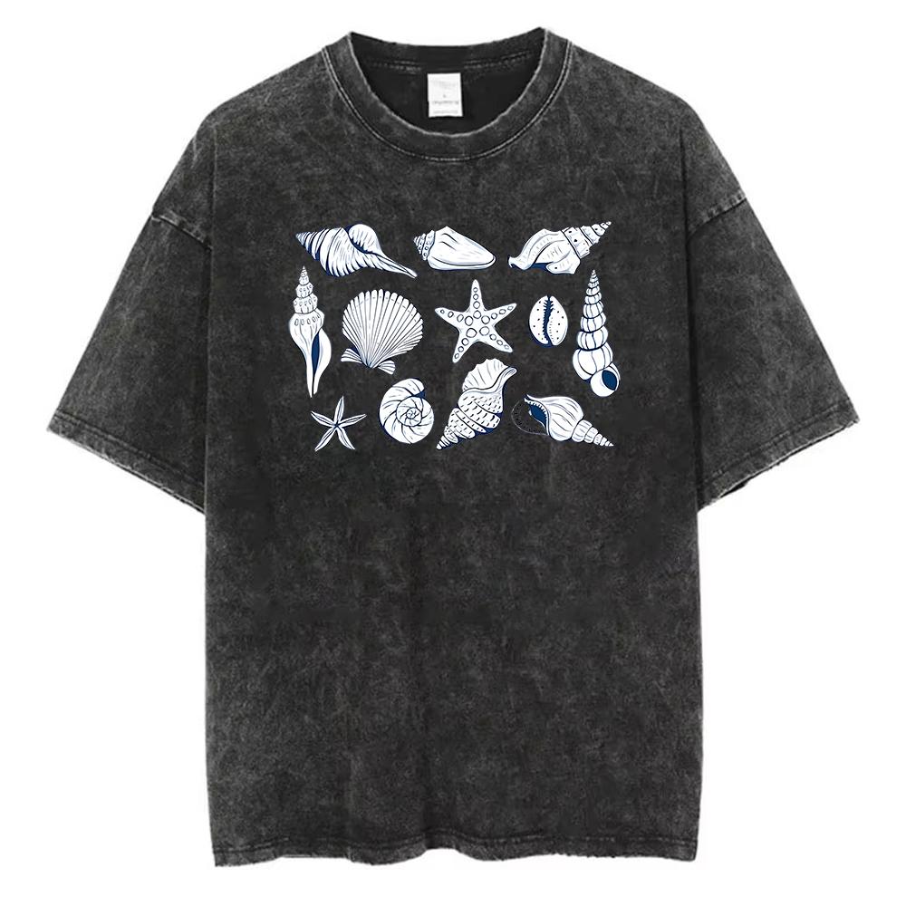Vintage Washed Cotton TShirt Men Sea Shells Starfish Graphic Tee Coastal Aesthetic Retro Acid Wash Streetwear Loose Fit Top