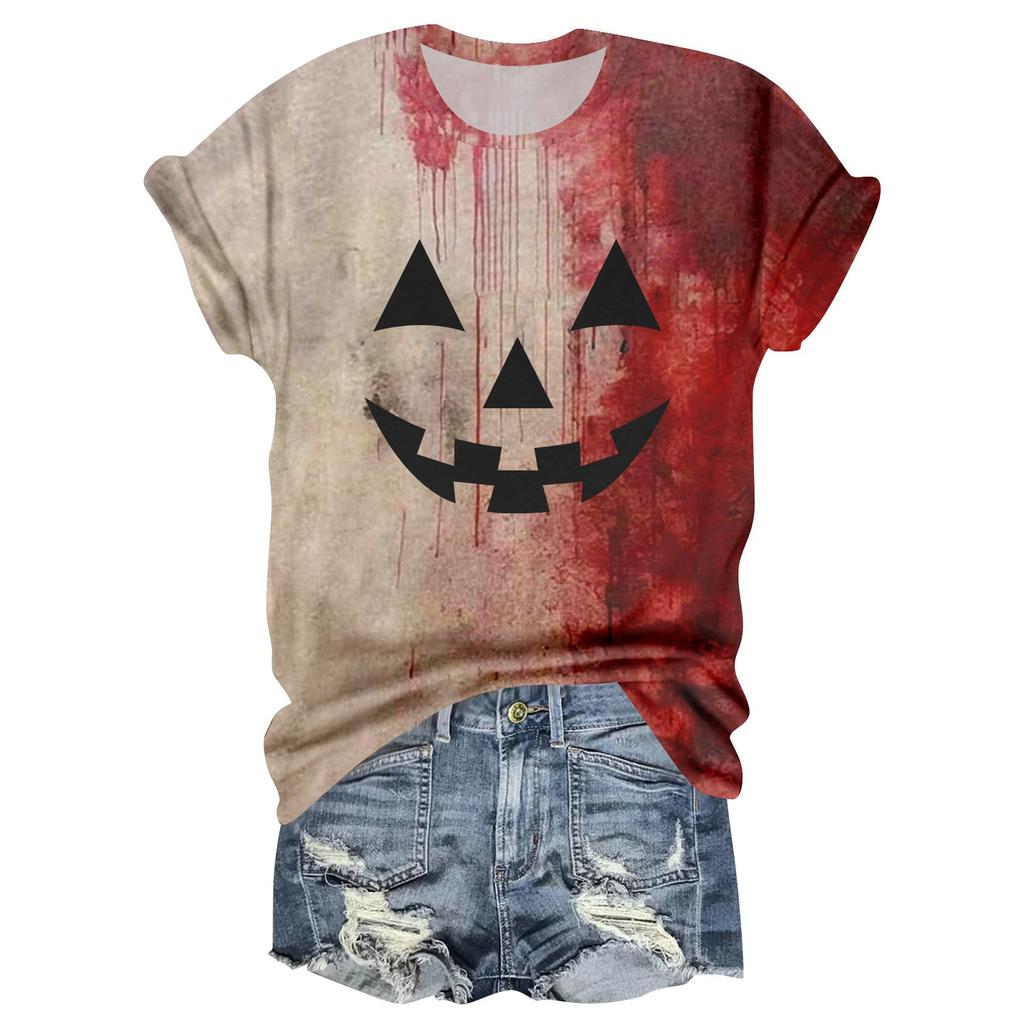 Women's Casual Round Neck Halloween Print Short Sleeve T-Shirt Top