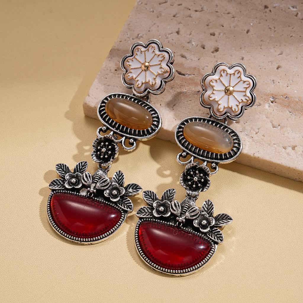 European and American old resin oval flower silver needle earrings retro geometric earrings 